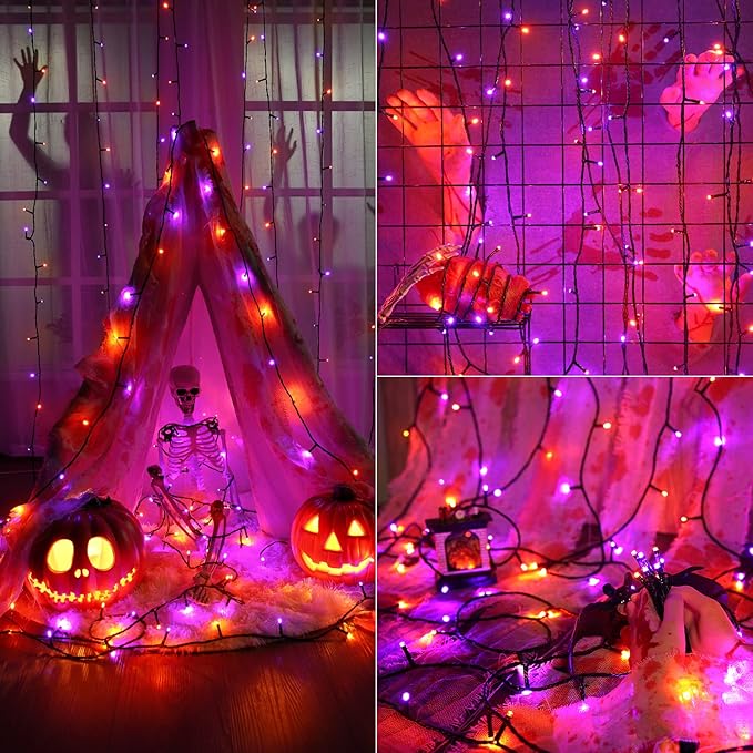 BrizLabs Orange & Purple Halloween Lights, 78.74ft 240 LED Orange Lights Connectable, 8 Modes Outdoor Purple Halloween Light with Timer, Plug in Mini Twinkle Light for Party Indoor Decor
