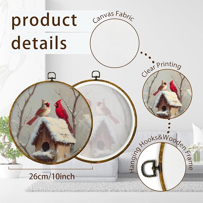 XPH Rustic Winter Cardinal Bird Round Wall Art Framed, Farmhouse Red Cardinal Circle Wall Decor, Cozy Winter Bird Hanging Canvas Prints for Home Bedroom Living Room Decoration, 10x10 Inch