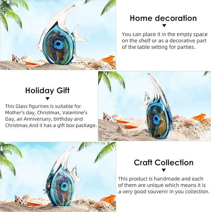 EUSTUMA Hand Blown Glass Tropical Fish Figurines Ornament,Sea Animal Sculpture for Fish Tank Aquarium,Sea Animals Collection for Birthday Gift,Glass Sculpture