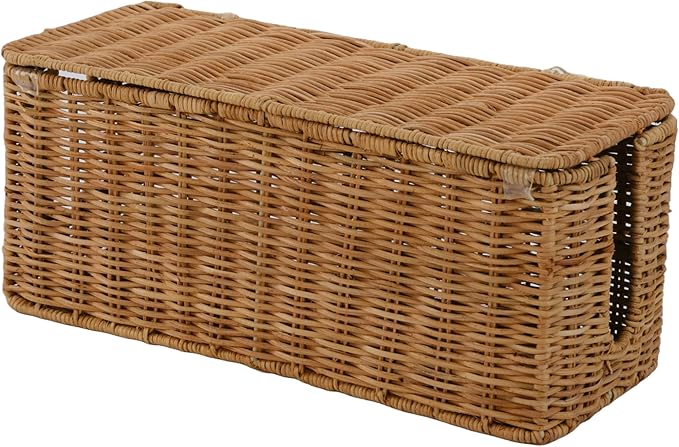 PEMAR Natural Rattan Wicker Cable Management Box, Cable Organizer, 2 Open Slots, Under Desk Cord Organizer, Cover & Hide Power Strips for TV Desk, Computer, Router, USB Hub (Natural Brown Color)