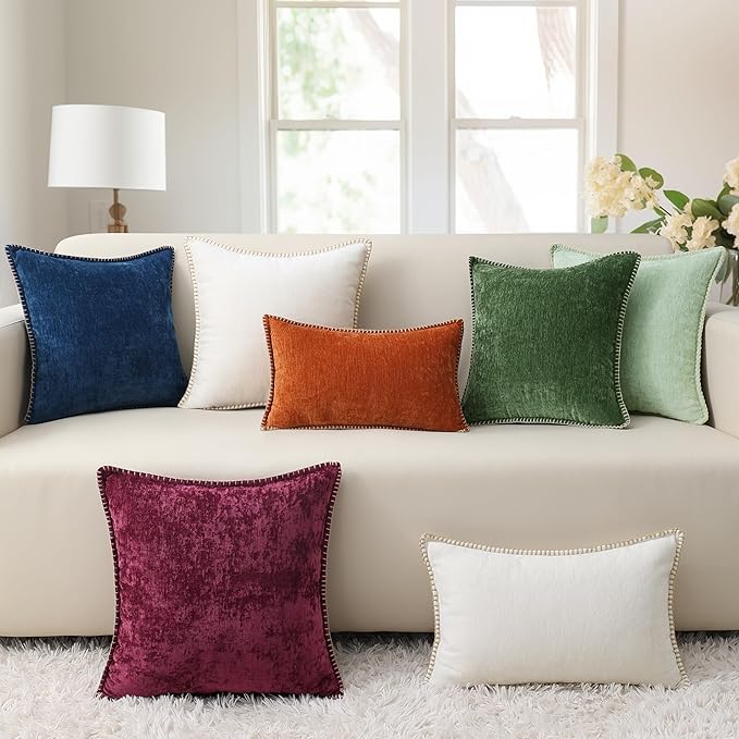 decorUhome Christmas Chenille Soft Throw Pillow Covers 18x18 Set of 2, Farmhouse Velvet Neutral Decorative Euro Pillow Covers with Stitched Edge for Couch Sofa Bed Home Decor, Rhododendron