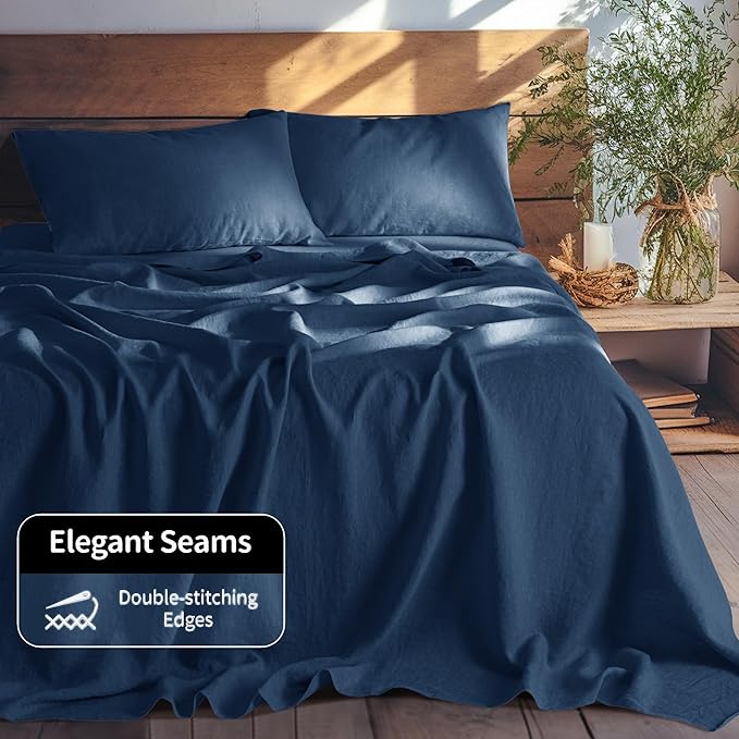 LBRO2M 100% Linen Sheet Set 16" Deep Pocket Queen Size,Bed Sheets 4 Piece Sets,Solid Color Natural Flax Bed Sheets Soft Breathable Bedding, All Season (Queen, Navy Blue)
