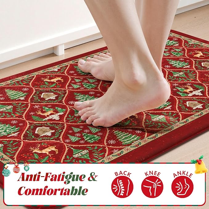 Collive Christmas Tree Kitchen Floor Mats, Cushioned Anti Fatigue Kitchen Rugs 2 Piece Morocco Xmas Elk Sink Mat Waterproof, Non Slip Comfort Standing Rug for Home Decorations 17"x30"+17"x47"