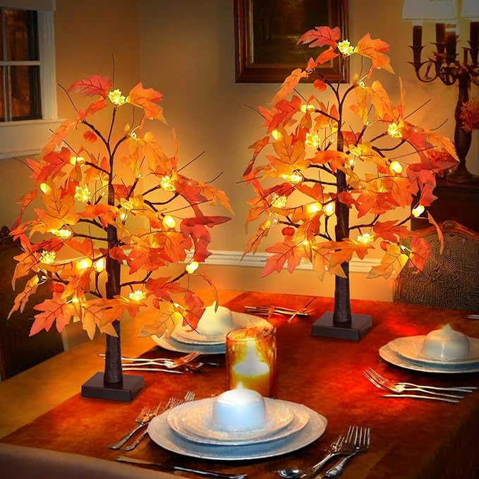 2 Pack 24 Inch Fall Maple Tree with 48LED Battery Operated Lighted Tabletop Artificial Tree with Pumpkin Acorn Maple Fall Centerpieces Indoor Fall Decorations for Home Thanksgiving Table Decorations