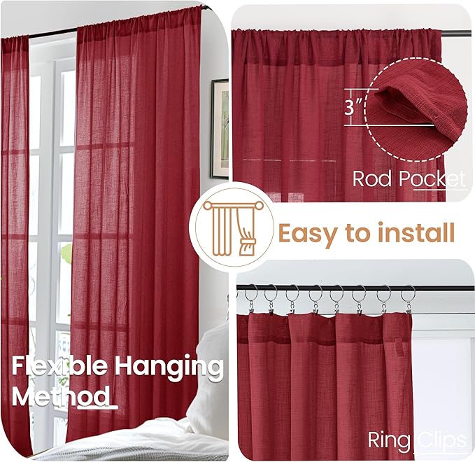 BGment Burgundy Semi Sheer Curtains for Living Room 84 Inch Length 2 Panels Set, Linen Textured Window Drapes Light Filtering with Rod Pocket for Bedroom Christmas Decor Lightweight, 52 X 84 Inch