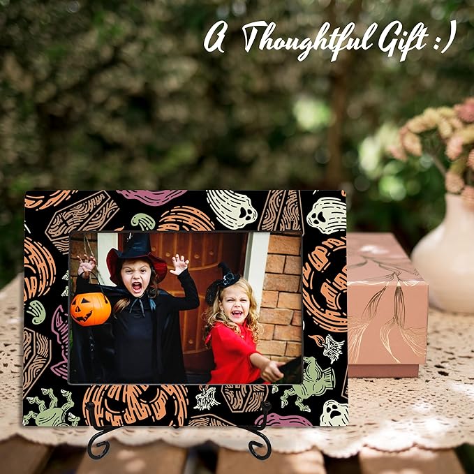 4X6 Halloween Picture Frame With A Metal Stand-Dark Style, Horrible Enchanted Pumpkin Ghost Wooden Photo Frame For Tabletop Display- Gifts for Kids Friends Family, Halloween Theme- A29