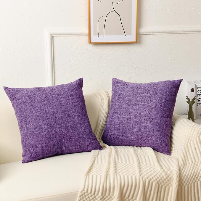 JIUZHEN 18x18 Inch Lavender Faux Linen Pillow Covers Set of 2, Boho Chic Decorative Cushion Covers for Sofa Nursery, Zippered Washable Pillow Case