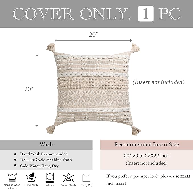 BlissBlush Boho Throw Pillow Cover 20X20, Decorative Accent Pillow for Couch, Square Woven Textured Pillowcase, Modern Boho Pillow for Bed, Bohemian Pillow Cover, Cream White Neutral (Pack of 1)