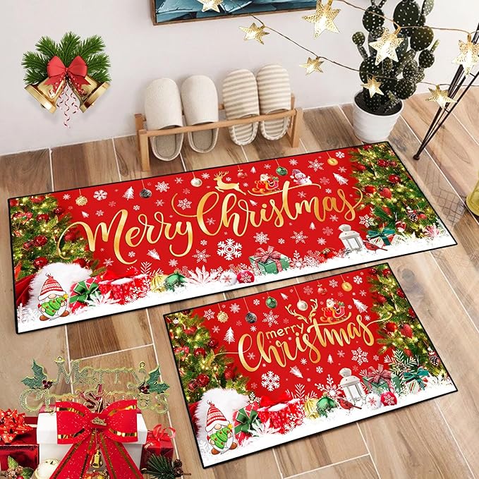 ACZHHZC Merry Christmas Kitchen Rugs and Mats Set of 2, Winter Snowflake Xmas Tree Holiday Home Kitchen Decor Floor Mats, Washable Non-Slip Sink Carpet (Christma 2, 17"x47"+17"x30")