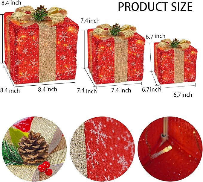 FUNPENY Set of 3 Christmas Lighted Gift Boxes, 50 LED Christmas Box Decorations, Presents Boxes (Christmas Red)