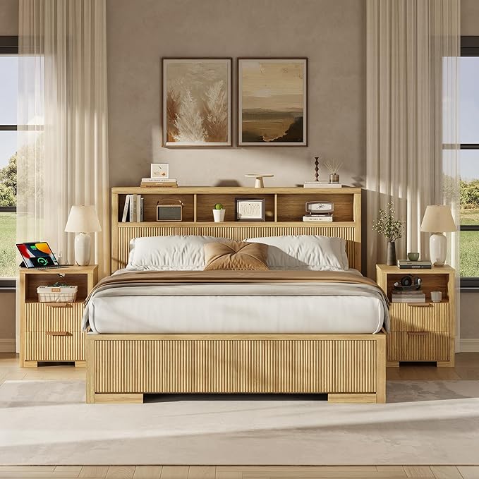 Fluted Nightstand Set of 2 with Charging Station,18" Night Stand with 2 Drawers,End Table with Storage, Bed Side Table for Bedroom,Modern Nightstand for Living Room, Oak