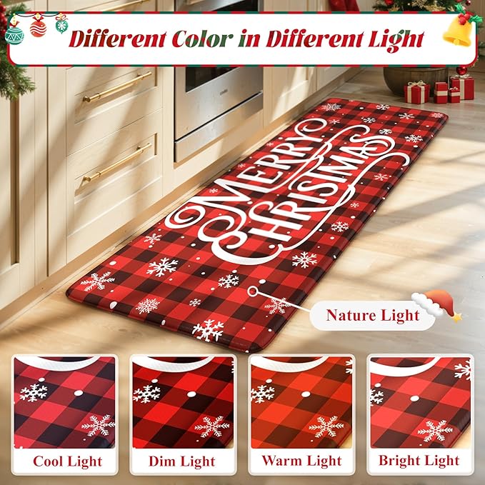 Christmas Buffalo Plaid Santa Claus Kitchen Mat 2PCS, Cushioned Anti Fatigue Kitchen Mats for Floor Non Skid Waterproof Comfort Foam Standing Rugs for Desk Laundry Office Home Decor, 17"x30"+17"x47"