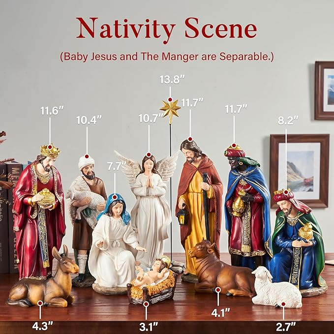 Nativity Sets for Christmas Indoor Set of 13 Pieces 11.8 Inches Resin Figurines Holiday Decorations Nativity Scene Tabletop Decor Religious Collection Gifts