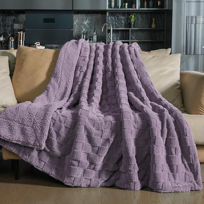 Pawque Super Soft Cozy Throw Blanket Queen Size for Couch Bed, Fluffy Sherpa Fleece Reversible Thick Warm Fuzzy Blanket for All-Season, 3D Checkered Jacquard Decorative Blankets, Purple, 90"x90"