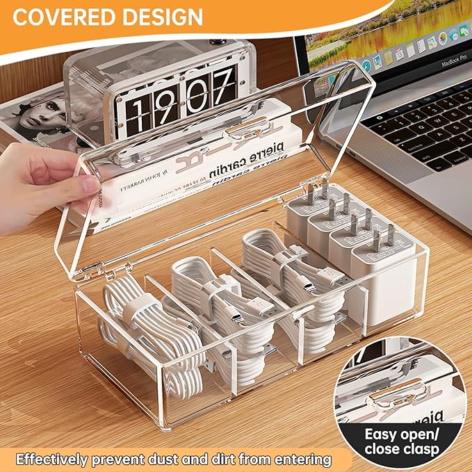 2 Pack Cable Organizer Box with Lid, Clear charging cord organizer box with 4 Compartments & 20 Wire Ties, Charger Cord Storage for Desk Drawer, Home Office Organization Accessories
