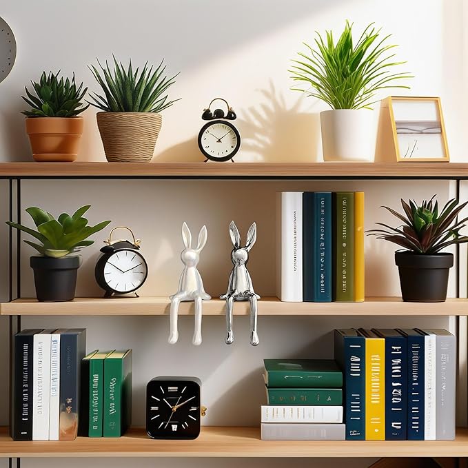 2-Piece Rabbit Decor Sculptures - Home, Office, Living Room, Bedroom - Accents, Decorations, Figurines - Small Statues for Bookshelf, Desk - Ideal Gifts (Silver, White)
