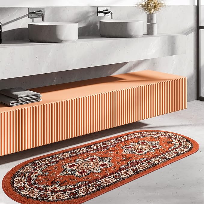 Antep Rugs Alfombras Oriental Traditional 2x5 Non-Skid (Non-Slip) Low Profile Pile Rubber Backing Kitchen Area Rugs (Rust Brown, 2' x 5' Oval)