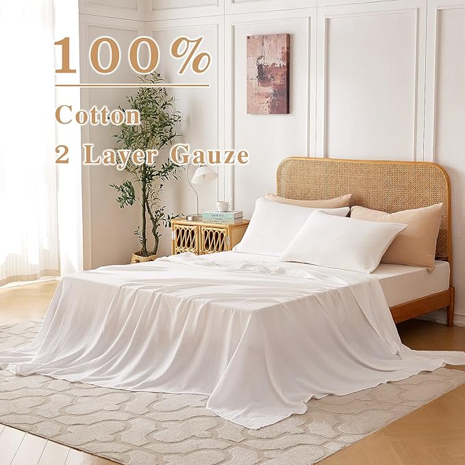 Twin Sheets Set 100% Cotton Bed Sheets 3 Pcs Linen Like White Fall Sheet 16" Deep Pocket Sheet & Pillowcase Sets Boho Muslin Soft Twin All Season Bedding Sets Easy Care