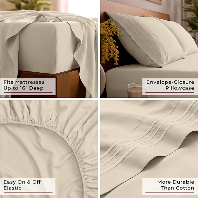 Mellanni Full Sheets Set - 4 PC Iconic Collection Bedding - Hotel Luxury, Extra Soft, Cooling Bed Sheets - Wrinkle, Fade, Stain Resistant (Full, Beige)