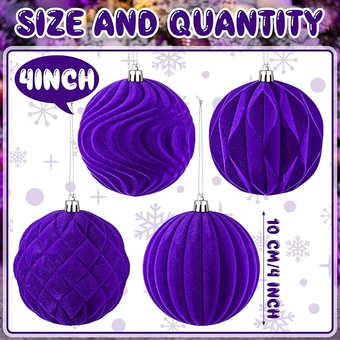 4 Pcs 4 Inch Large Velvet Christmas Ball Ornaments Vintage Christmas Plastic Ball Ornaments Flocked Tree Hanging Decoration for Xmas Party Wedding Home Decor (Purple)