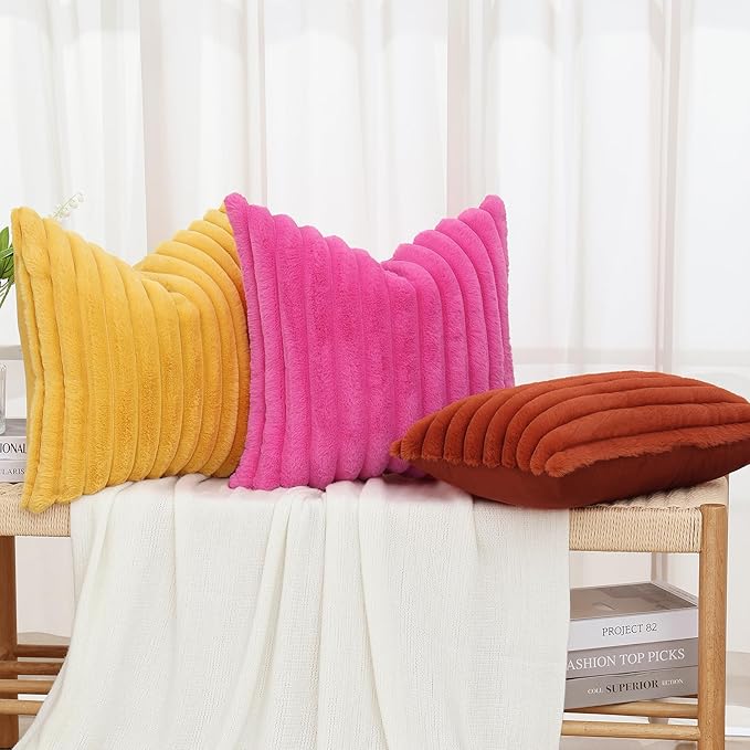 decorUhome Faux Fur Throw Pillow Covers 12x20 Set of 2, Decorative Soft Plush Striped Lumbar Neutral Couch Euro Pillow Covers with Velvet Back for Sofa, Bed, Living Room Home Decor, Hot Pink