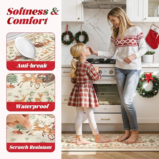 Collive Christmas Snowman Kitchen Floor Mats, Winter Xmas Tree Cushioned Anti Fatigue Kitchen Rugs 2 Piece Waterproof Elk Sled Sink Mat, Non Slip Foam Comfort Standing Desk Rug for Home Decor, Beige