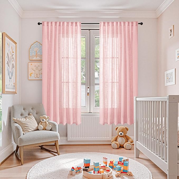 YoungsTex Light Pink Linen Curtains 63 Inch Length for Living Room Window, Semi Sheer Drapes Textured Light Filtering with Rod Pocket Back Tab for Bedroom, 2 Panels, 42 X 63 Inch