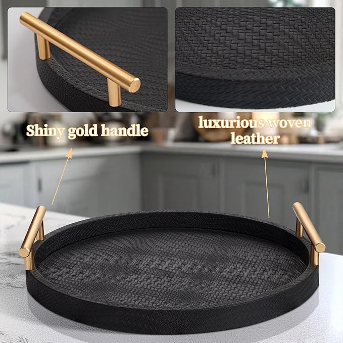 2 Piece Black Round Serving Tray with Handles, Woven-Texture Faux Leather Ottoman Tray for Living Room, Decorative Tray for Coffee Table Home Decor