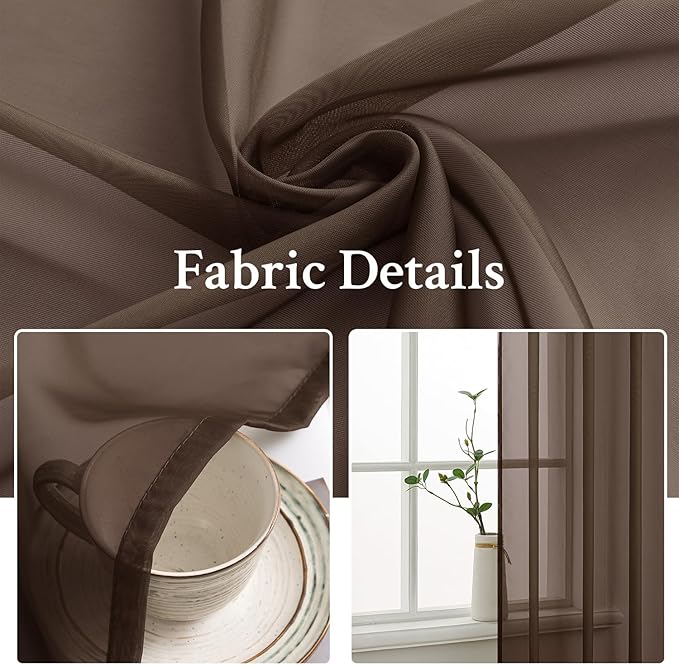 MIULEE Chocolate Brown Sheer Curtains 63 Inches Long 2 Panels, Light Filtering Voile Drapes with Rod Pocket for Bedroom and Living Room Windows