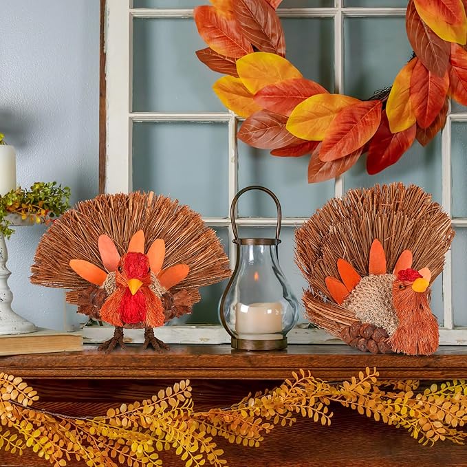 2PCS Thanksgiving Decorations Turkey, Thanksgiving Decorations for Table, Natural Material Turkey for Home Indoor Decor