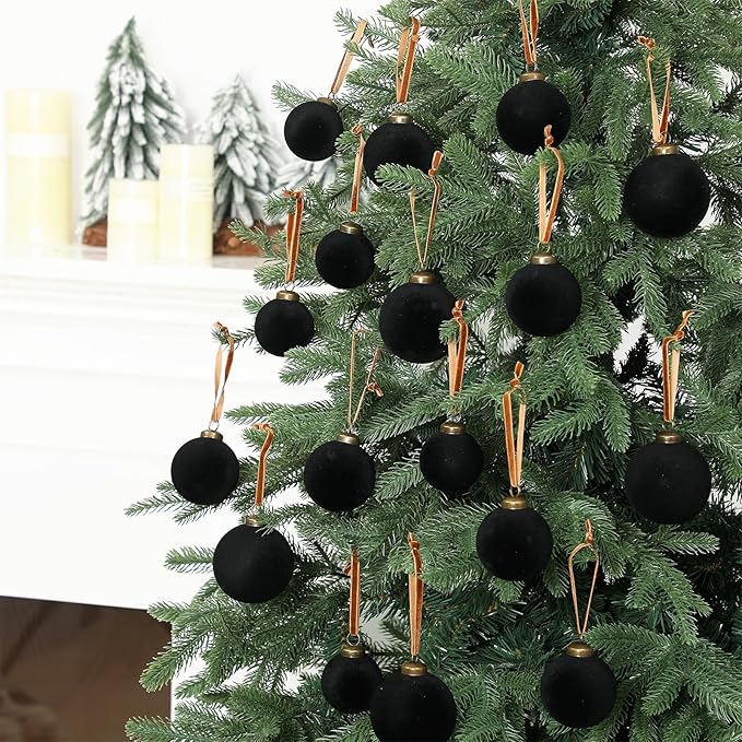 36 Pcs Velvet Christmas Balls Bulk - Flocked Christmas Tree Ball Ornaments Hanging Decoration for Xmas Tree, Wreath, Home or Party Decorations, 2.36", 2.76", 3.15"(Black)