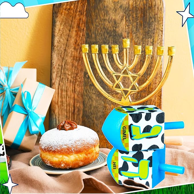 2 Pcs Hanukkah Dreidels Game Toy Extra Large Wooden Dreidel for Hanukkah Decoration with English Transliteration, Forever Spinning Tops Party Favors(Cow Print)