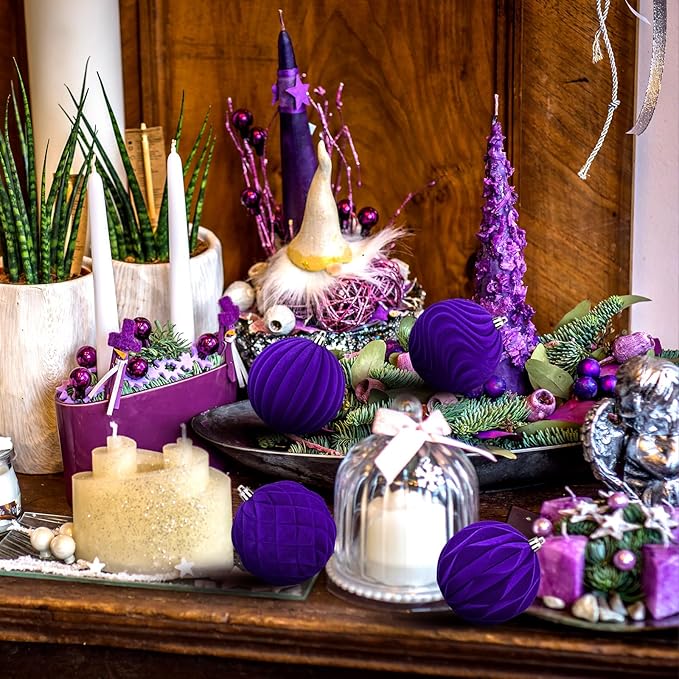 4 Pcs 4 Inch Large Velvet Christmas Ball Ornaments Vintage Christmas Plastic Ball Ornaments Flocked Tree Hanging Decoration for Xmas Party Wedding Home Decor (Purple)