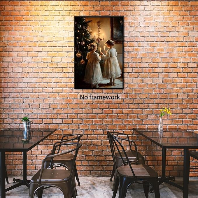 Vintage christmas wall art christmas tree wishing girl canvas poster winter room holiday decoration for farmhouse cabin living room bedroom Unframed12x16inch