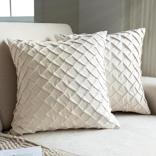 Velvet Decorative Throw Pillow Covers Set of 2, 18x18 Inch Soft Modern Weave Cushion Case, Farmhouse Home Decor Pillowcase for Sofa Living Room Couch Bed Cream White