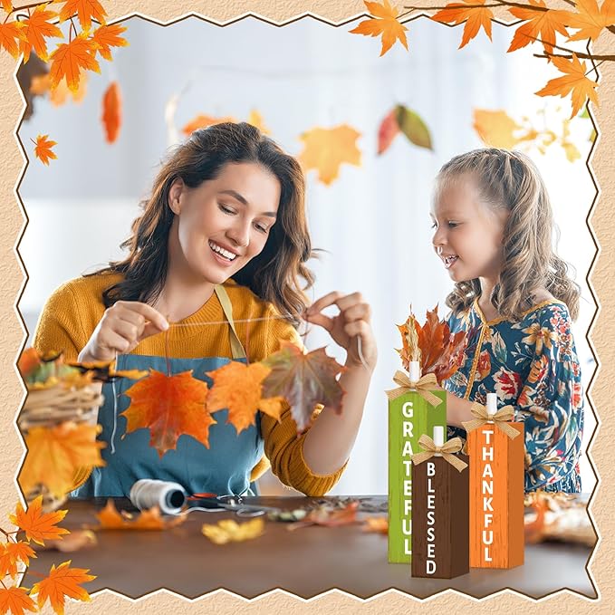 3 Pcs Fall Decorations for Home Wooden Thanksgiving Tiered Tray Decor, Thankful Fall Table Decor Vintage Farmhouse Autumn Harvest Tabletop Centerpieces Table Sign Kitchen Indoor Mantel