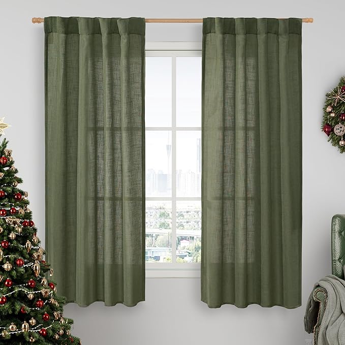 LAMIT Olive Green Linen Semi Sheer Curtains 63 Inch for Bedroom, Light Filtering Christmas Window Curtains Farmhouse Boho Back Tab and Rod Pocket Panels, 2 Panels, 38 x 63 Inch