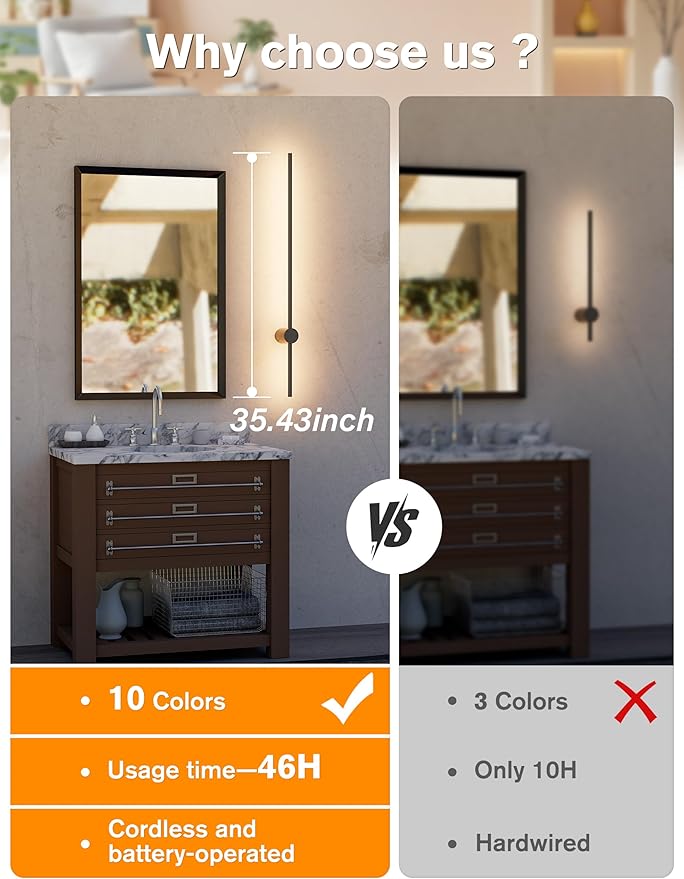 Battery Operated Wall Sconces Set of 2,10000mAh Rechargeable Wireless Sconces with Remote Control,Halloween Decor Dimmable Wall Lamps with 7 Colors,35.4 Inch Modern Black Wall Lights