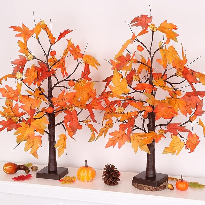 2 Pack 24 Inch Fall Maple Tree with 48LED Battery Operated Lighted Tabletop Artificial Tree with Pumpkin Acorn Maple Fall Centerpieces Indoor Fall Decorations for Home Thanksgiving Table Decorations