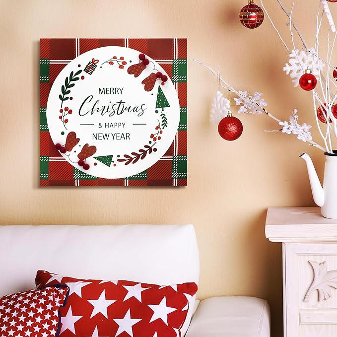 ArtbyHannah Christmas Canvas Wall Art Decor, 3D Textured & Holly Red Berry Wall Decor with Red & Green Plaid Prints for Home Kitchen Dining Party Bathroom Winter Holiday Xmas Decorations (16x16 inch)
