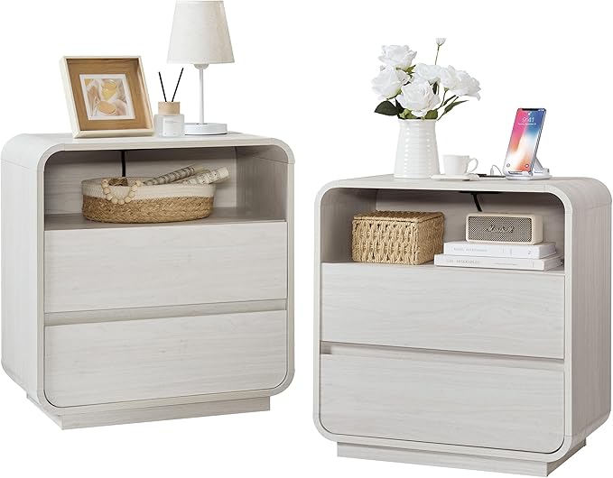 White Nightstand Set of 2 with Charging Station, 23.2" Wide Wood Bedside Table, Modern End Table with 2 Storage Drawers, Curved Profile, Handleless, Mid Century Night Stand for Bedroom