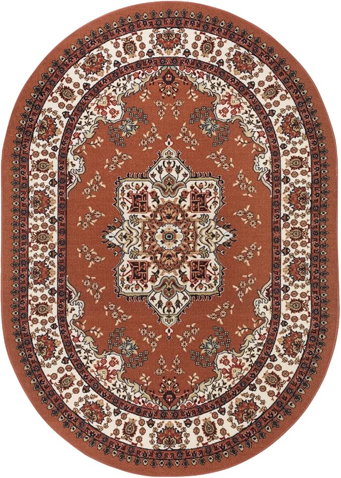Antep Rugs Alfombras Oriental Traditional 5x7 Non-Skid (Non-Slip) Low Profile Pile Rubber Backing Indoor Area Rugs (Rust Brown, 5' x 7' Oval)