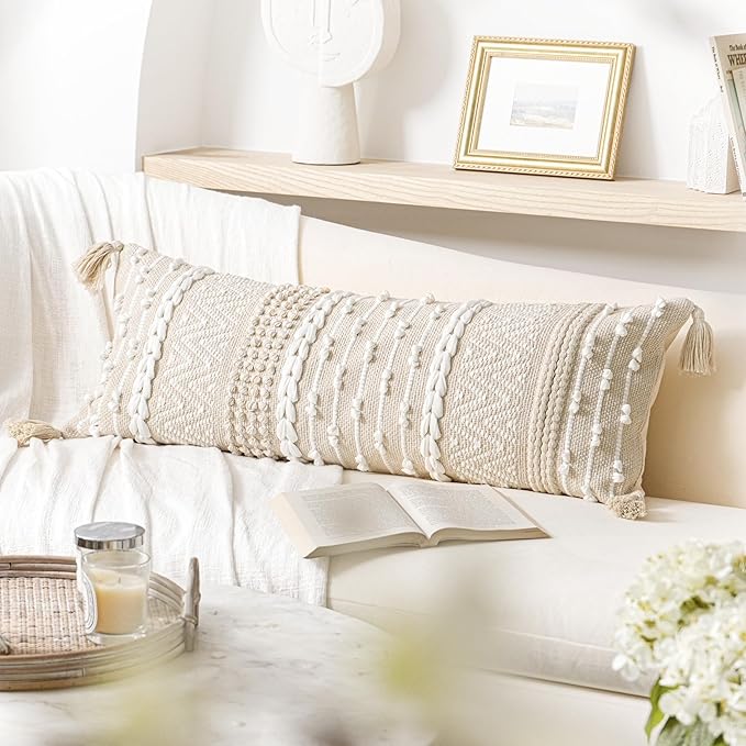 BlissBlush Cream Decorative Lumbar Throw Pillow Cover 14x36 Boho Long Cushion for Bed Neutral Beige White Accent Modern Farmhouse Pillowcase for Bedroom Living Room Couch Sofa Home Décor Cover ONLY