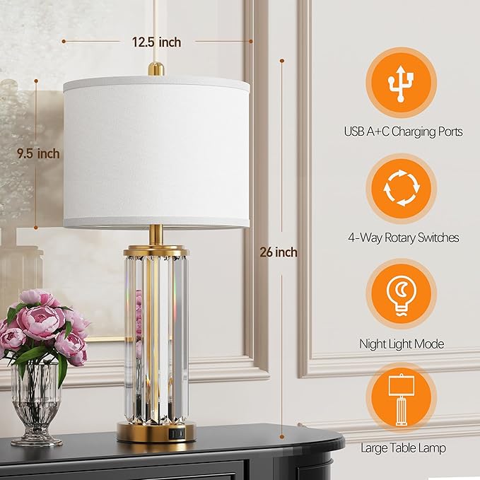 QiMH Gold Table Lamps for Bedroom Set of 2 with Nightlight, Modern Bedside Lamp with 2 USB A+C Charging Port, Clear Nightstand Lamp for Living Room White Shade Home Light Decor(LED Bulbs Included)
