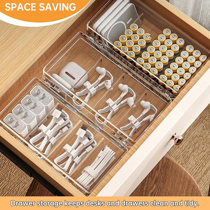 2 Pack Cable Organizer Box with Lid, Clear charging cord organizer box with 4 Compartments & 20 Wire Ties, Charger Cord Storage for Desk Drawer, Home Office Organization Accessories