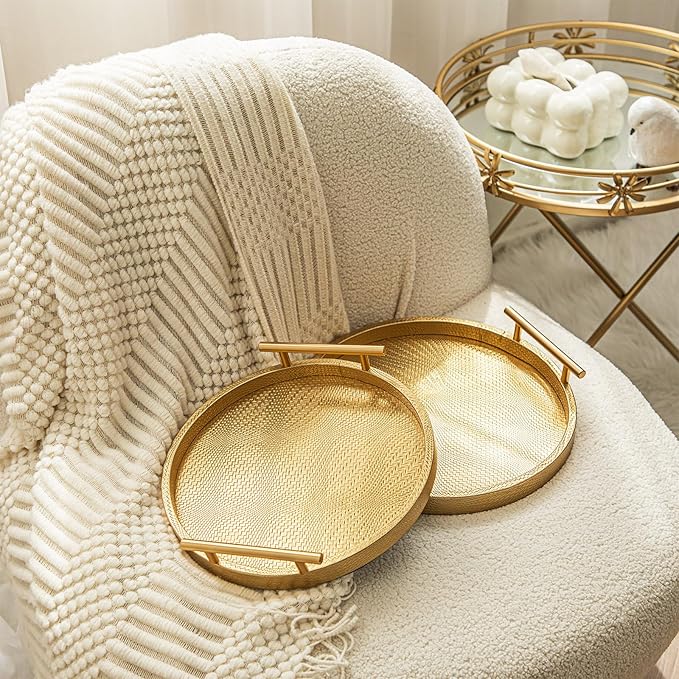 2 Piece Golden Round Serving Tray with Handles, Woven-Texture Faux Leather Ottoman Tray for Living Room, Decorative Tray for Coffee Table Home Decor
