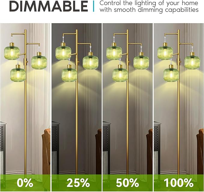 Glass Floor Lamps for Living Room, Stepless Dimmable Tree Standing Lamp with Green Lamp Shape, 69In Modern Tall Lamps for Bedroom, Rotary Switch, 3×600LM LED Bulbs Included
