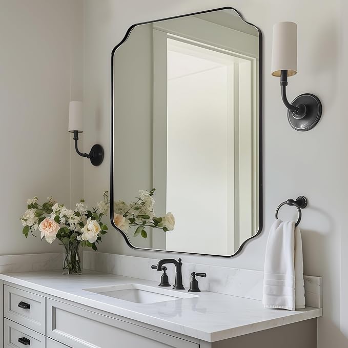 Black Scalloped Bathroom Mirrors for Wall, 30"x40" Unique Rounded Notched Corner Rectangle Mirrors for Bathroom in 1'' Metall Frame Wall Mounted Vertically/Horizontally for Home Decor