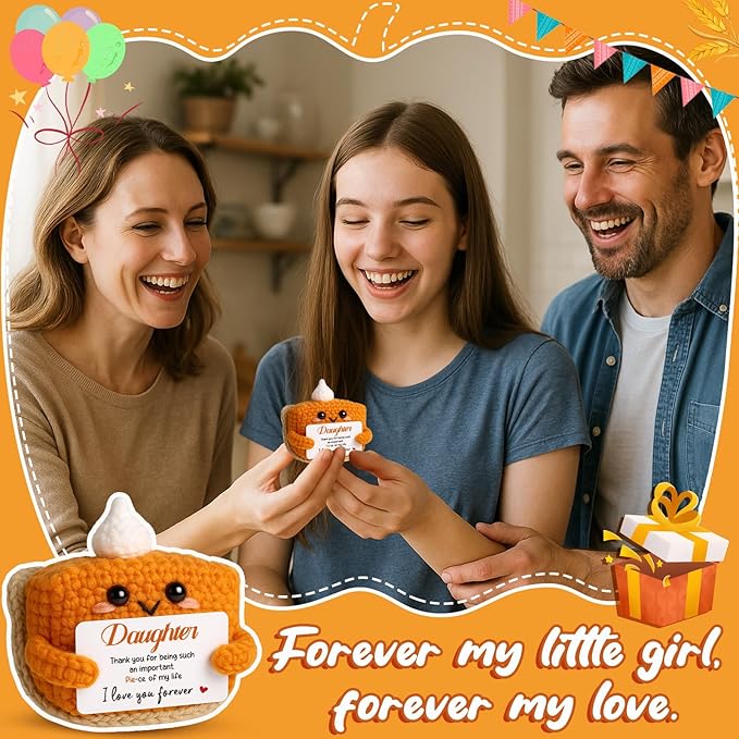 Thank You Gifts for Daughter from Mom Dad, Mini Crochet Pumpkin Pie Plush Birthday Gifts for Daughter Adult, Halloween Thanksgiving Christmas Stockings Stuffer Emotional Small Cute Decor