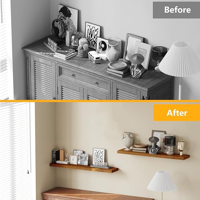 BAMEOS Floating Shelves, American Oak Wall Mounted Wooden Shelves with Invisible Brackets Set of 2, Hanging Wall Shelves Decoration for Bedroom, Bathroom, Living Room and Kitchen